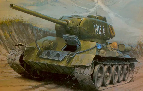 Picture road, figure, art, tank, average, T-34-85, The great Patriotic war