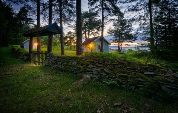 Picture grass, trees, lake, stones, the fence, Norway, lights, houses, wicket, Ostfold