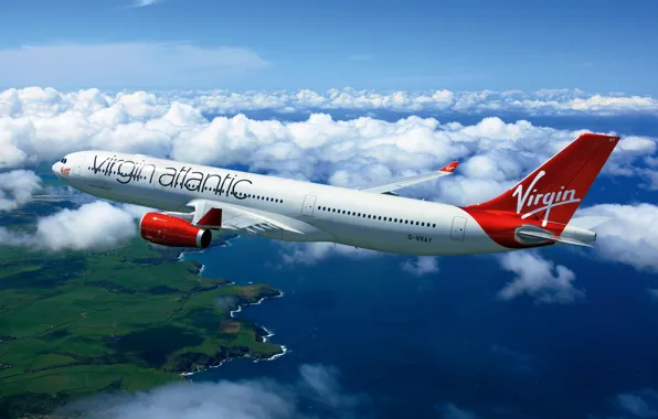 Picture sea, clouds, the ocean, earth, shore, height, flight, 300, Airbus, virgin, atlantic, A-330