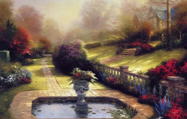 Picture summer, flowers, pond, picture, vase, house, painting, cottage, Thomas kinkade, Kincaid