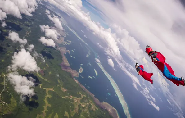 Picture sea, clouds, island, parachute, container, shadows, helmet, camera, pilots, extreme sports, formation, wingsuit