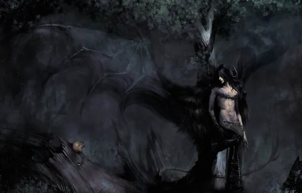 Picture forest, cat, darkness, figure, wings, the demon, horns, guy