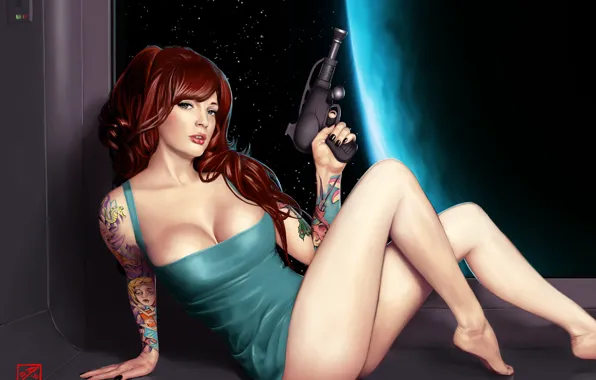 Picture girl, space, weapons, dress, art, tattoo, Babe in space, Blaster, close