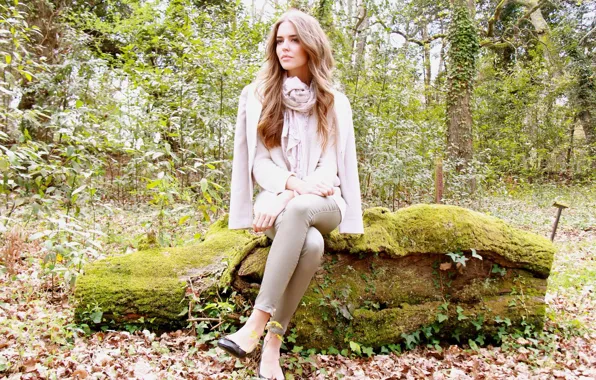 Picture autumn, look, leaves, nature, model, scarf, heels, log, sitting, Clara Alonso