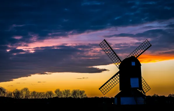 Picture the sky, clouds, trees, the evening, glow, windmill