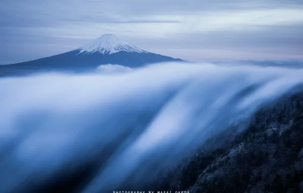 Picture fog, mountain, stream, morning, Japan, Fuji, stratovolcano, Mount Fuji, the island of Honshu