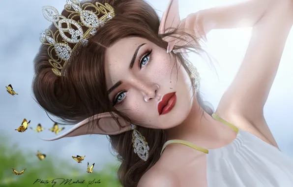 Picture girl, butterfly, elf, portrait, earrings, fantasy, ears, Diadema