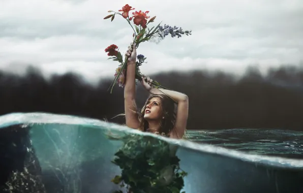 Picture water, girl, flowers