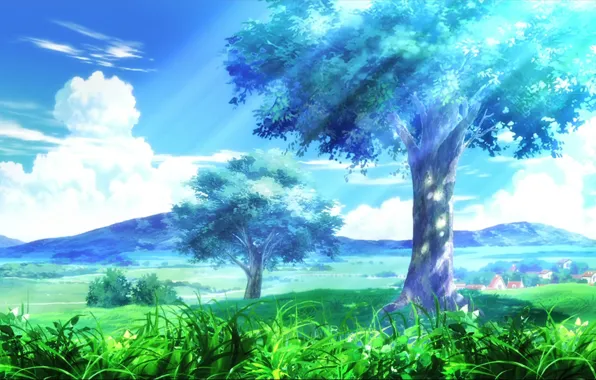 Picture the sky, grass, clouds, trees, landscape, mountains, the city, Anime