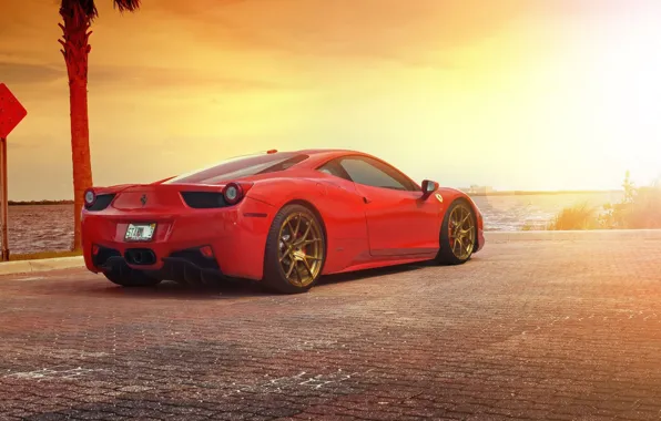 Picture Ferrari, Red, 458, Sun, Sunset, Italia, Sea, Supercar, Rear