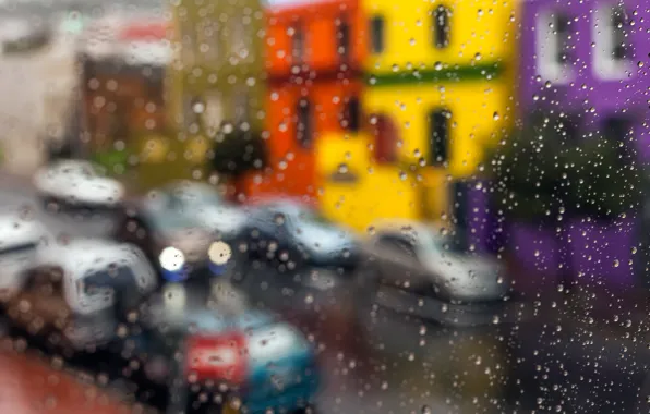 Picture glass, drops, macro, city, the city, rain, street, glass, rain, drops