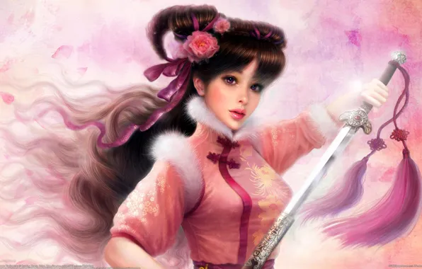 Picture girl, flowers, sword, art, fur, brush, ruoxing zhang