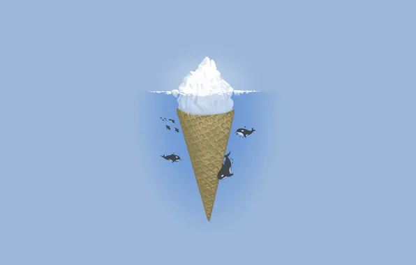 Picture sea, the ocean, minimalism, vector, iceberg, ice cream, illustration, orcas