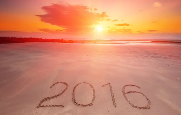 Picture sand, sea, beach, sunset, New Year, figures, New Year, Happy, 2016