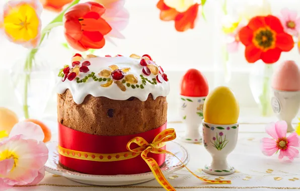 Picture flowers, eggs, Easter, tulips, cake, candied