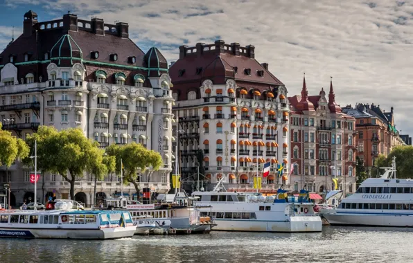 Picture building, pier, port, Stockholm, Sweden, promenade, Sweden, Stockholm, ships, Rival, Norrmalm, Esplanade and Diplomat Hotels
