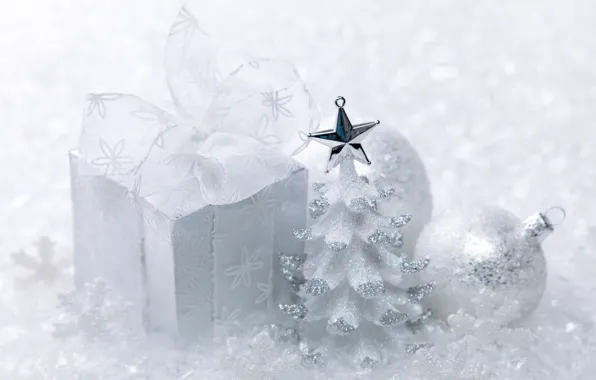 Picture winter, balls, tape, box, gift, New Year, Christmas, white, herringbone, bow, Christmas, holidays, New Year