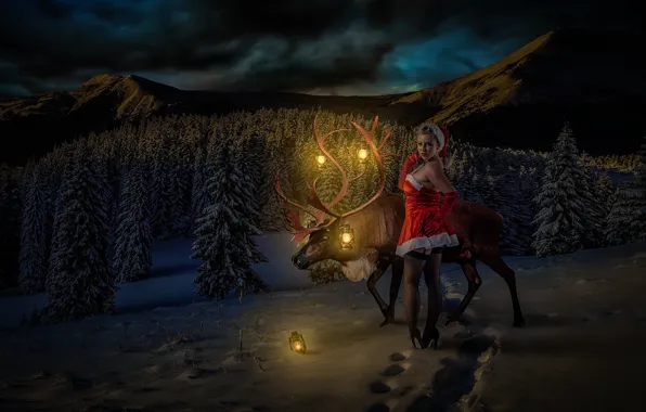 Picture girl, deer, Winter Wonderland