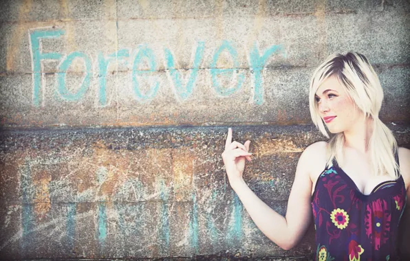 Picture Girl, Blonde, Wall, Smile, The inscription, Mood, Beauty, Forever, Cute, Devon Jade, Gesture, Forever