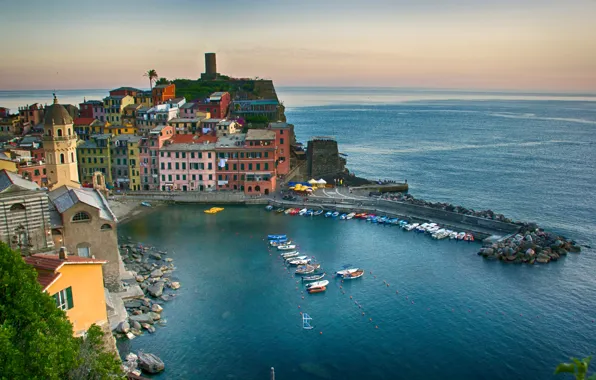Picture sea, landscape, the city, coast, building, Bay, boats, Italy, Italy, The Ligurian sea, Vernazza, Vernazza, …