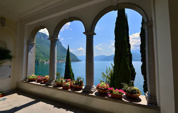 Picture landscape, flowers, mountains, lake, Villa, home, Italy, arch, Varenna, Villa Monastero