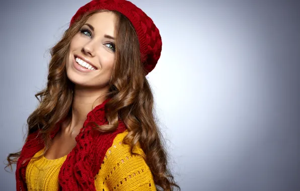 Picture girl, smile, hat, scarf, brown hair, grey background, cap, curls