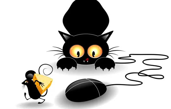 Picture cat, look, black, vector, paws, cheese, mouse, claws
