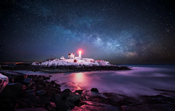 Picture the sky, stars, light, lighthouse, island, the Atlantic ocean, USА, York Corner, Concordville