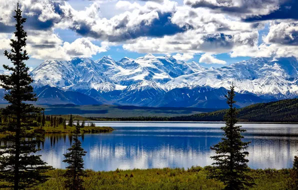 Picture clouds, trees, mountains, lake, glacier, Alaska, USA, Denali National Park