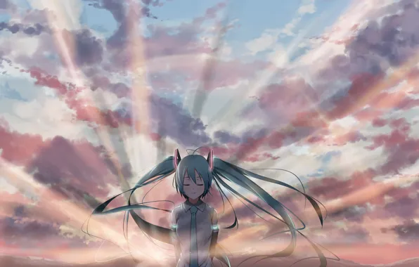 Picture girl, clouds, sunset, art, Hatsune Miku, Vocaloid, Vocaloid
