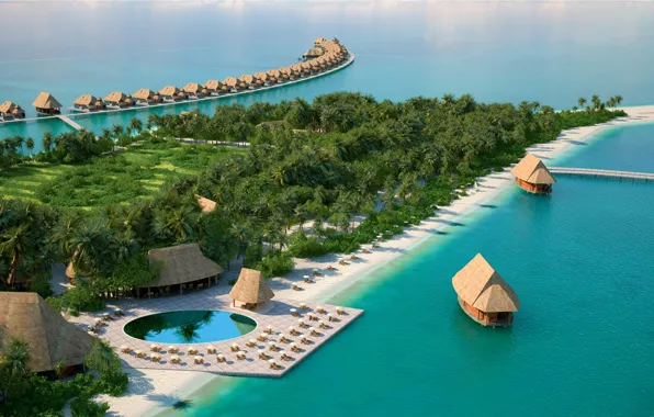 Picture beach, ocean, exotic, palms, tropics, aerial, fantastic Maldives, Maamut the resort