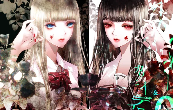 Picture leaves, girls, the inscription, blood, plants, form, blue eyes, bow, red eyes, art, Kiyohara Hiro