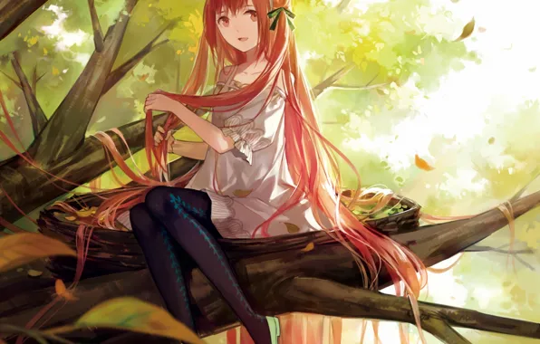 Picture leaves, girl, nature, tree, branch, anime, art, cotta