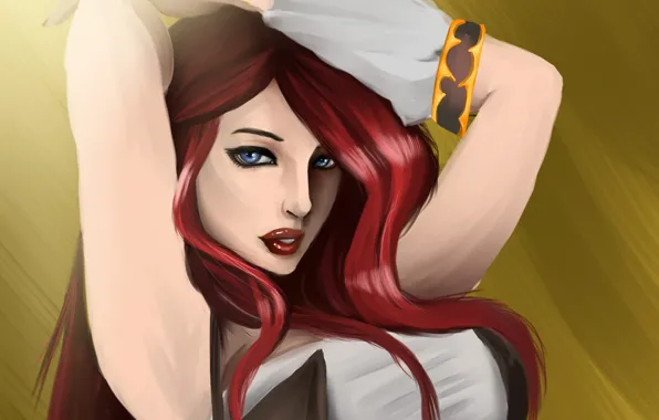 Picture look, girl, hair, hands, art, red, blue eyes, lol, league of legends, miss fortune