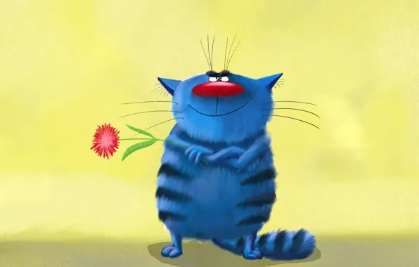 Picture flower, cat, blue, paint, picture, art, Astra, painting, striped, cat, keeps, funny, painting, cool, smiling, …