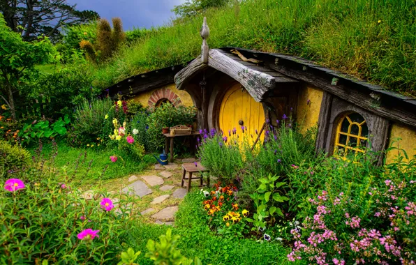 Picture greens, grass, flowers, house, Nora, the Lord of the rings, hill, new Zealand, Shir