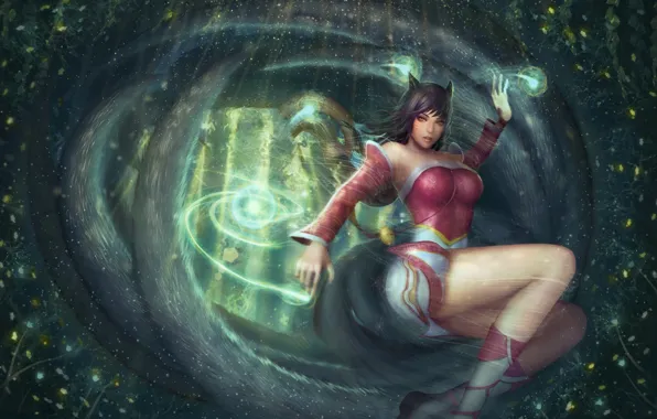 Picture girl, Fox, tail, ears, lol, League of Legends, ahri, Nine-Tailed Fox