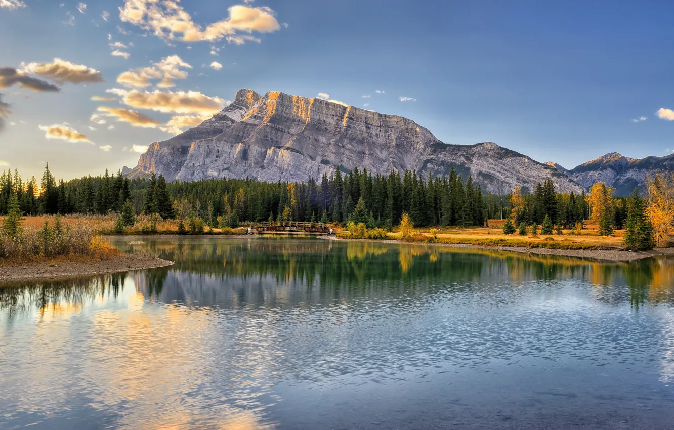Photo wallpaper autumn, the sky, trees, mountains, bridge, lake, Canada, Albert, Banff National Park