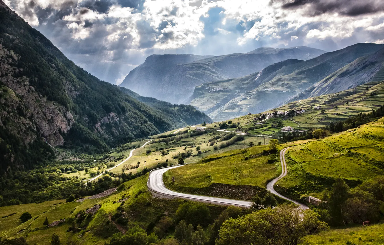 Photo wallpaper clouds, mountains, France, field, road, Alps, panorama, the rays of the sun, meadows