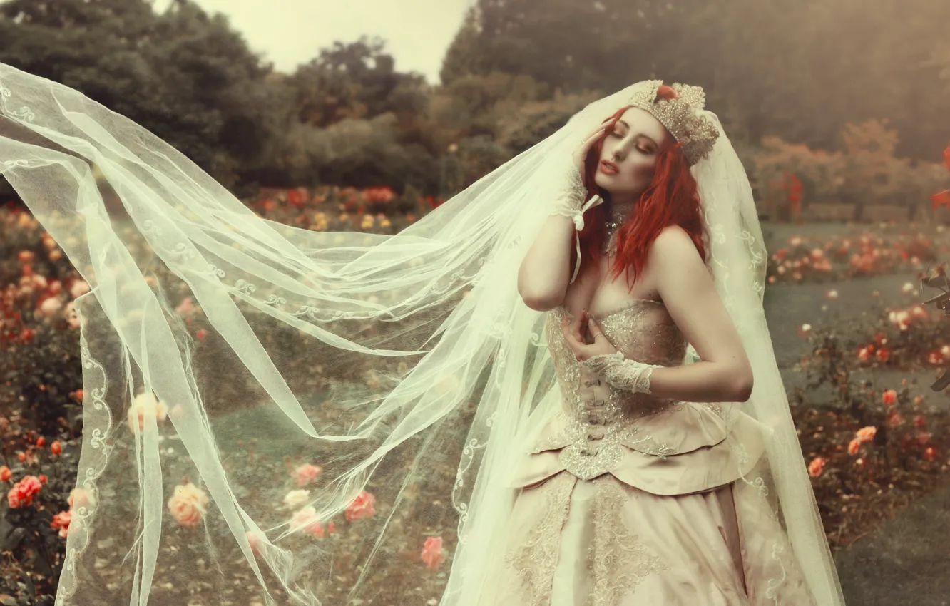Photo wallpaper girl, flowers, style, Park, mood, model, roses, crown, dress, red, the bride, redhead, veil, wedding …