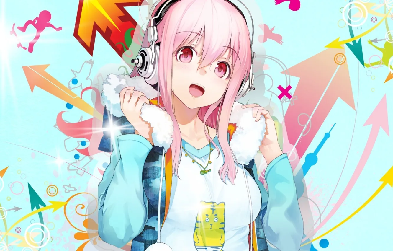 Photo wallpaper girl, music, headphones, jacket, pink hair, super sonic, super soniko