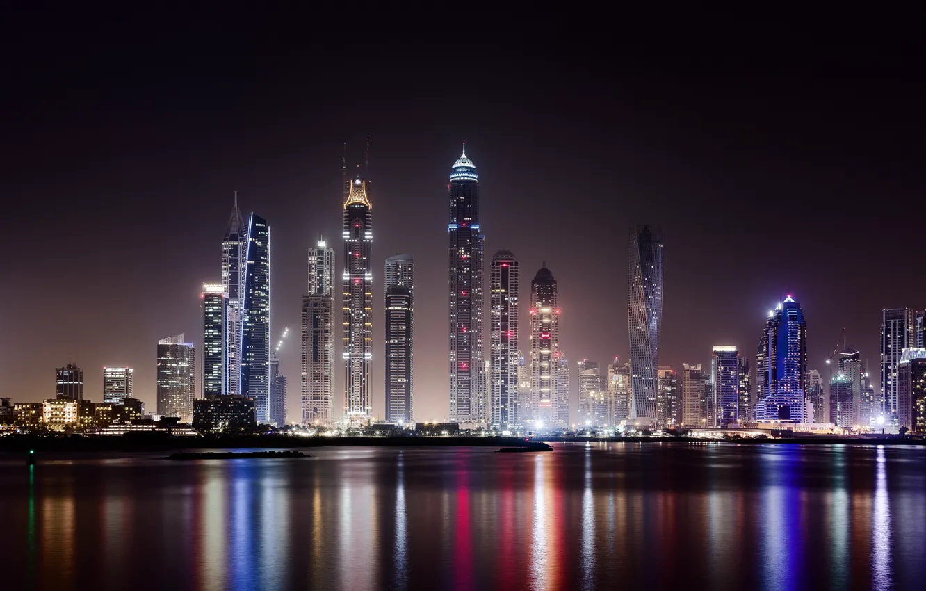 Wallpaper water, light, night, the city, lights, building, home,  skyscrapers, lighting, Dubai, megapolis, UAE, United Arab Emirates images  for desktop, section город - download