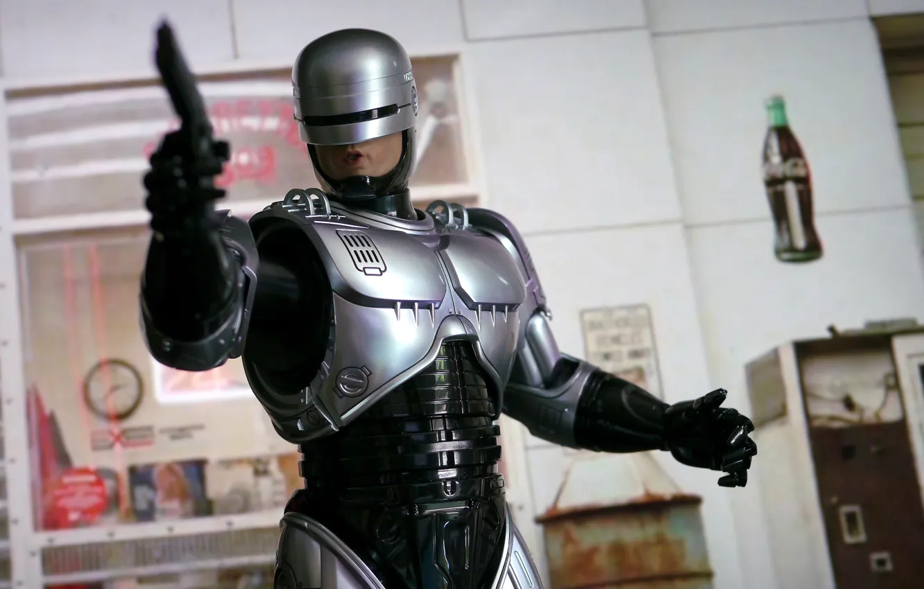 Photo wallpaper gun, weapons, background, robot, armor, cyborg, Robocop, RoboCop