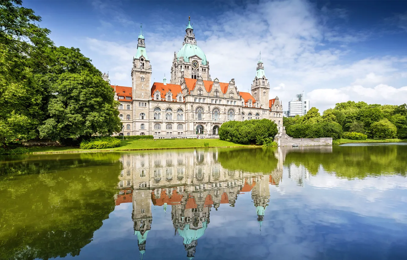 Photo wallpaper the sky, clouds, trees, lake, reflection, the building, Germany, mirror, Hanover, New town hall, Gustav …