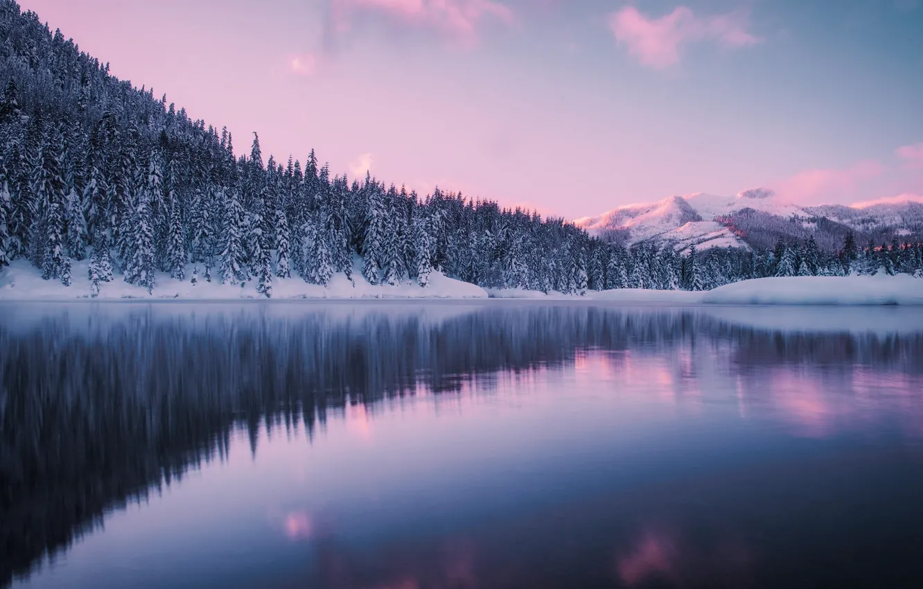 Photo wallpaper winter, forest, mountains, lake, pond, Washington, Washington, Gold Creek Pond, The Giac, Hyak