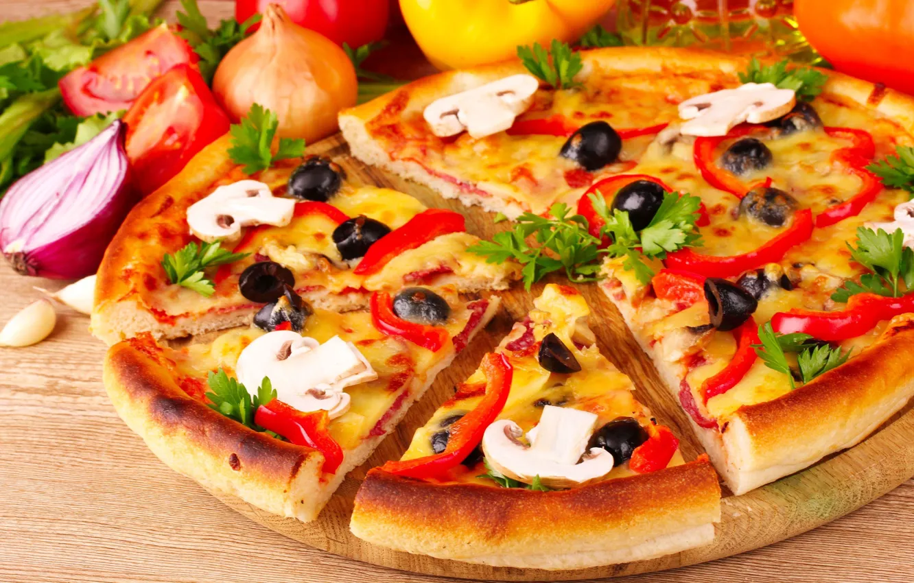 Photo wallpaper mushrooms, bow, pizza, tomatoes, olives, parsley, mushrooms, paprika