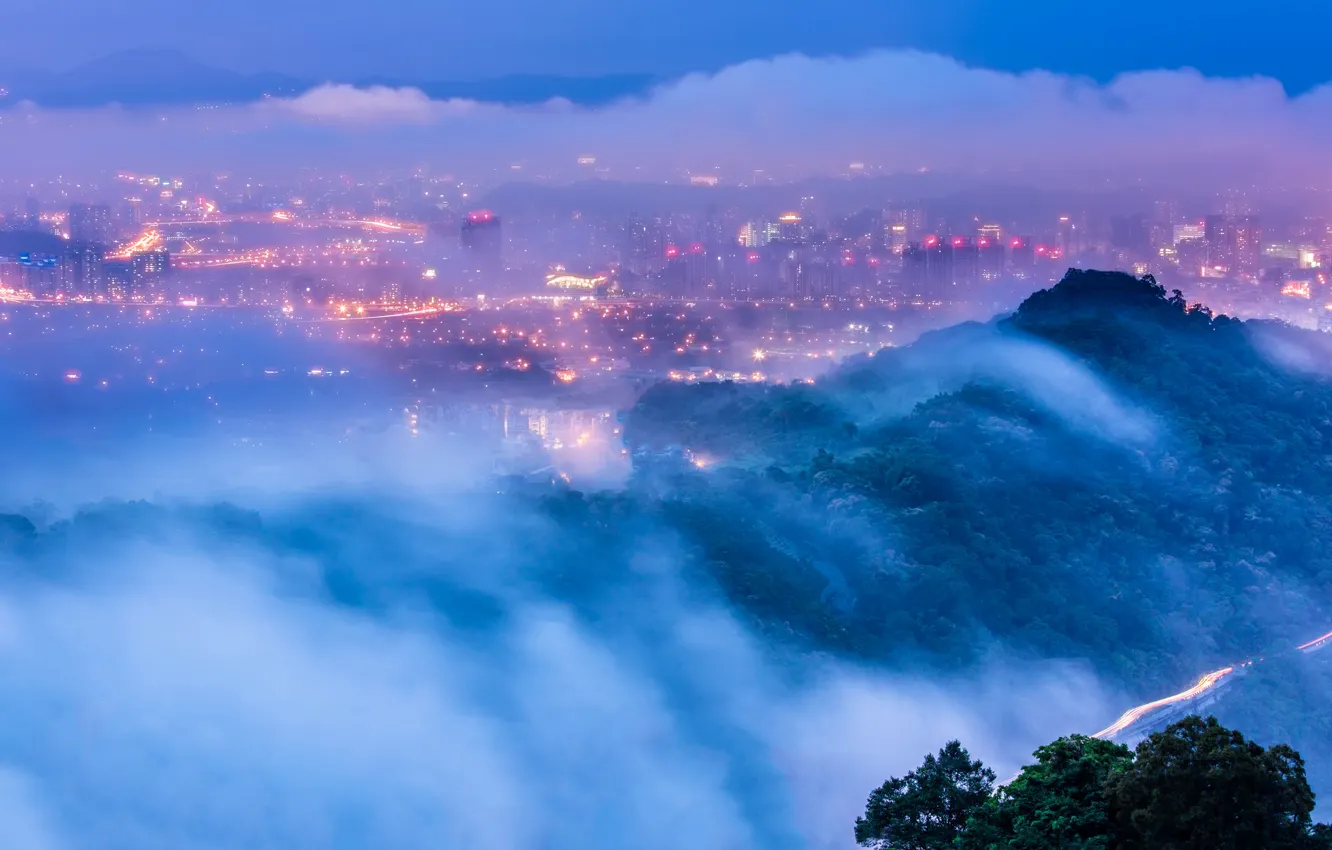 Photo wallpaper the sky, clouds, trees, the city, lights, fog, view, height, the evening, lighting, panorama, Taiwan, …