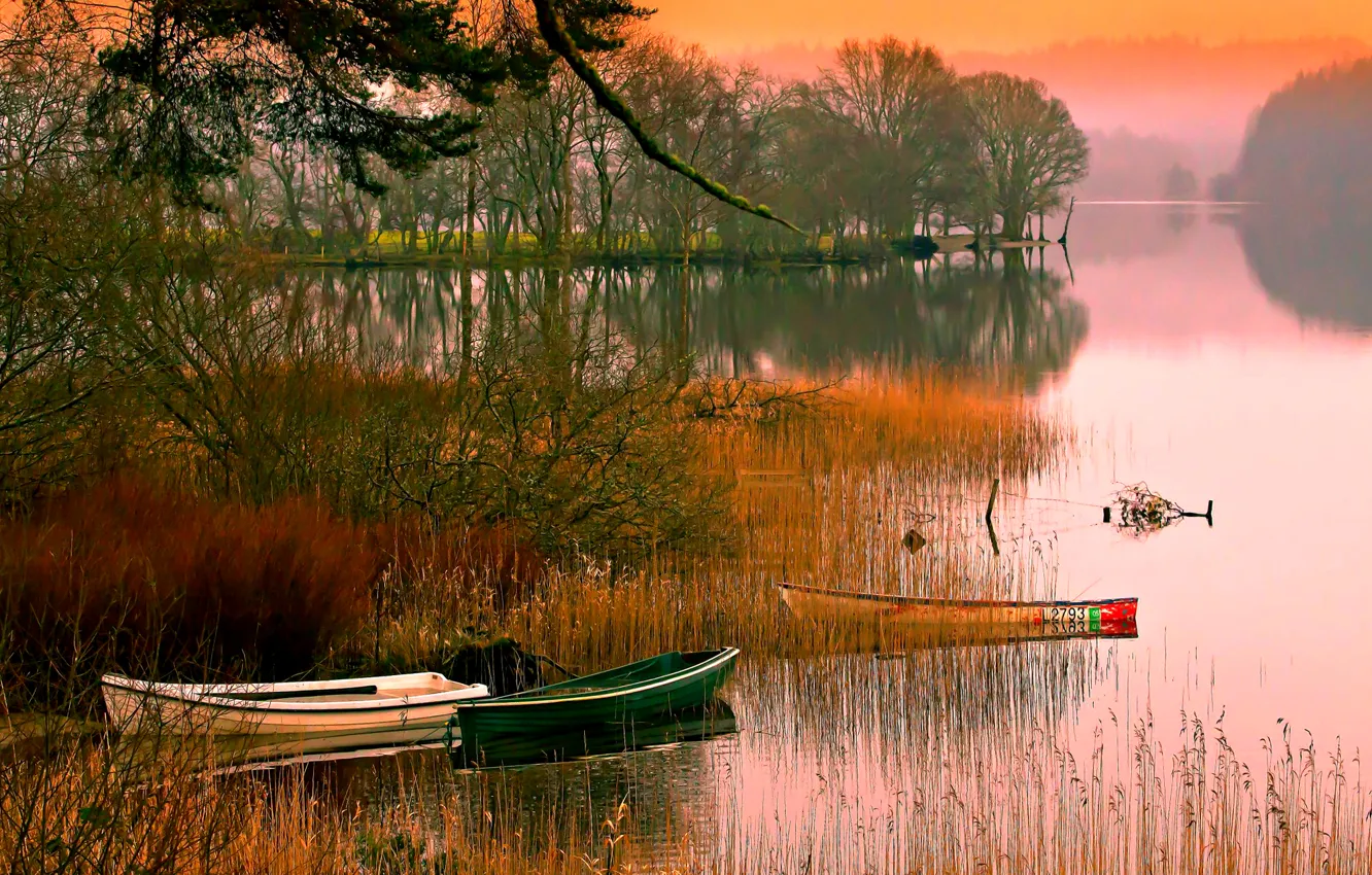 Photo wallpaper the sky, trees, sunset, river, boats, backwater