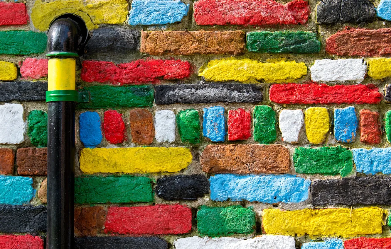 Photo wallpaper wall, pipe, bricks, colorful
