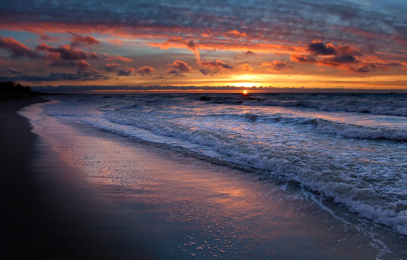 Photo wallpaper sand, sea, wave, beach, the sky, water, the sun, clouds, landscape, sunset, shore